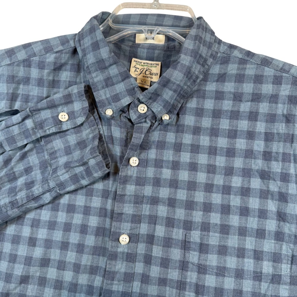 J Crew Slim Mens Blue Buffalo Plaid Button Down Shirt Organic Cotton Stretch XL